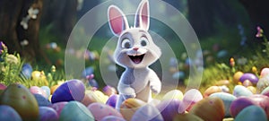 Happy Easter colorful banner with cute cartoon bunny rabbit and a lots of eggs