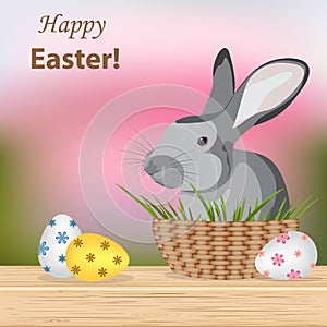 Happy Easter.Colorful,different patterned eggs and cute rabbit s