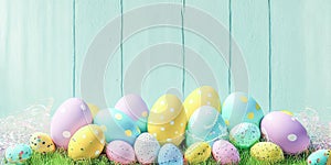 Happy Easter, Colorful Easter Eggs. Easter decoration, Congratulatory easter background. Easter eggs and flowers. Background with