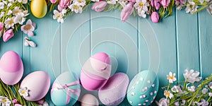 Happy Easter, Colorful Easter Eggs. Easter decoration, Congratulatory easter background. Easter eggs and flowers. Background with
