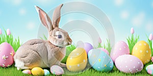 Happy Easter, Colorful Easter Eggs. Easter decoration, Congratulatory easter background. Easter eggs and flowers. Background with