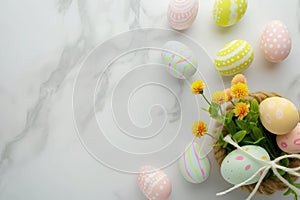 Happy easter colorful Eggs Easter lilies Basket. White sacrifice Bunny Pastel colored eggs. lilies background wallpaper