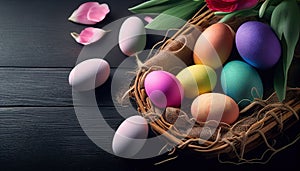 Colorful Easter eggs in a nest with tulips flowers and Feather on wooden black background. Generative AI