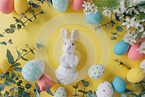 Happy easter colorful Eggs Pastel sky blue Basket. White quirky Bunny Orange Sherbet. celebratory note background wallpaper