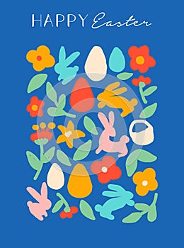 Happy easter colorful hand drawn doodle poster illustration in simple flat style on blue background