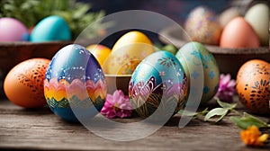 Happy Easter.Colorful hand painted decorated Easter eggs. Handmade Easter craft.Spring decoration background.