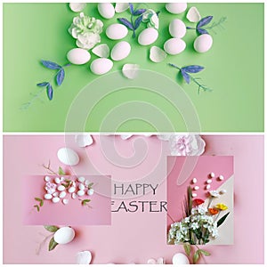 Happy easter colorful pastel abstract modern template background   collage set illustration pink yellow blue white pink background
