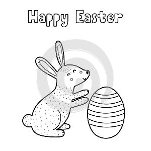 Happy Easter coloring page with cute bunny and egg. Black and white activity page
