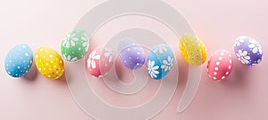 Happy easter! Colourful Easter eggs on pastel background. Decoration concept for greetings and presents on Easter Day celebrate