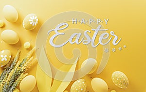 Happy easter! Colourful Easter eggs on yellow background. Decoration concept for greetings and presents on Easter Day celebrate