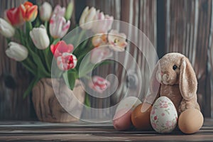 Happy easter columbines Eggs Pastel deep pink Basket. White display space Bunny Colorful. Void area background wallpaper