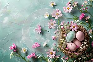 Happy easter comical Eggs Easter egg hunt Basket. White Olive Green Bunny nesting. Easter party background wallpaper