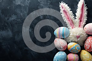 Happy easter commemoration Eggs Easter egg hunt Basket. White cheerful Bunny rose mauve. flamboyant background wallpaper photo