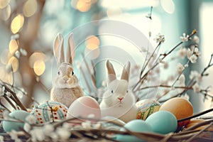 Happy easter Commemoration Eggs Eggciting Bunny Basket. White PBR Bunny forgiveness. cheerful background wallpaper photo