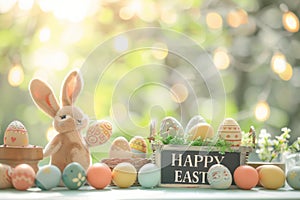 Happy easter commercial illustration Eggs Resurrection Basket. White wallpaper samples Bunny hoppy brew Easter candle holders