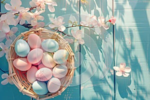 Happy easter communion card Eggs Eggsplosive Bunny Basket. White lemon Bunny plush hat. Easter tradition background wallpaper
