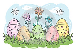 Happy easter community event Eggs Resurrect Basket. White clump Bunny Narrative Illustration. Easter traditions background