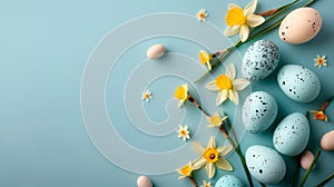 Happy Easter composition. Blue easter eggs and daffodils flower flat lay on blue background with space for text. Moody