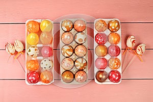 Happy Easter concept, composition with decorated Easter eggs in a box, spring card, banner or advertisement for screen, store,