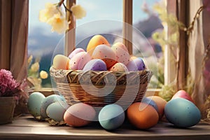 Happy Easter concept. Easter eggs in basket