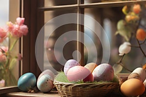 Happy Easter concept. Easter eggs in basket