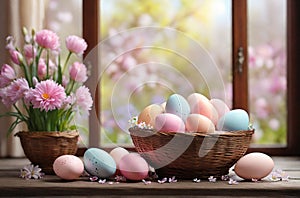 Happy Easter concept. Easter eggs in basket