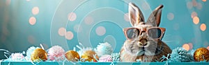 Happy Easter Concept - German Greeting Card with Cool Bunny Rabbit in Sunglasses sitting in Gift Box with Easter Eggs on Blue