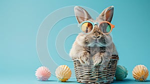 Happy Easter Concept: German Greeting Card with Cool Bunny Rabbit in Sunglasses Sitting in Gift Box with Easter Eggs, Isolated