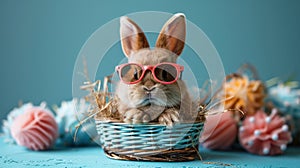 Happy Easter Concept: German Greeting Card with Cool Bunny Rabbit in Sunglasses Sitting in Gift Box with Easter Eggs, Isolated