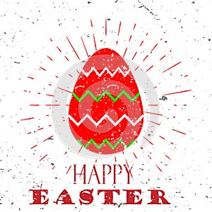 Happy Easter concept with red egg and Lettering Typography with burst on a Old Textured Background. Vector illustration