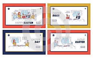 Happy Easter Concept. Website Landing Page. Happy People Decorating Easter Eggs And Preparing For the Holiday