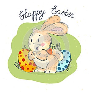 Happy Easter congratulation card with happy cute little bunny and holiday eggs isolated on white textured background.