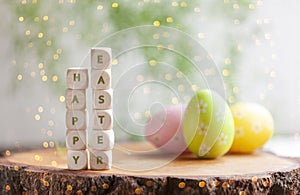 Happy Easter congratulations on diffused festive eggs background