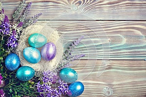 Happy Easter. Congratulatory easter background. Background with copy space. Selective focus. Top view. Horizontal.