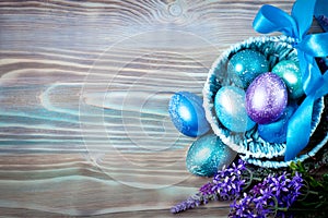 Happy Easter. Congratulatory easter background. Background with copy space. Selective focus. Top view. Horizontal.