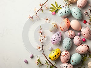 Happy Easter. Congratulatory easter background. Easter eggs and flowers.