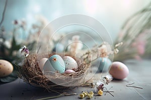 Happy Easter Congratulatory easter background Easter eggs and flowers Background with copy space Selective focus. Generative AI