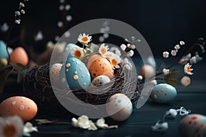 Happy Easter Congratulatory easter background Easter eggs and flowers Background with copy space Selective focus. Generative AI