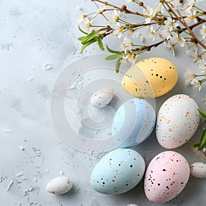 Happy Easter. Congratulatory easter background. Easter eggs and flowers on blue.