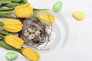 Happy Easter. Congratulatory Easter background. Easter eggs and flowers. Colorful Easter eggs in a nest on a pastel color