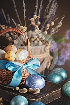 Happy Easter. Congratulatory easter background. Easter eggs and flowers. Selective focus.