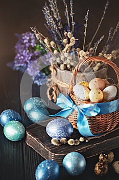 Happy Easter. Congratulatory easter background. Easter eggs and flowers. Selective focus.