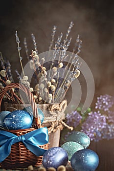Happy Easter. Congratulatory easter background. Easter eggs and flowers. Selective focus.