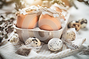 Happy Easter. Congratulatory easter background. Easter eggs and flowers. Selective focus.