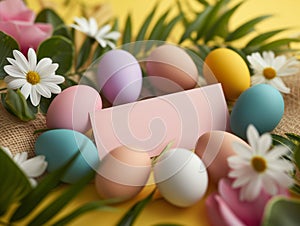 Happy Easter. Congratulatory easter background. Easter eggs and flowers on yellow.