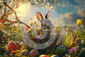 Happy easter Copy field Eggs Resurrect Basket. White decorate Bunny invitation card. barbecues background wallpaper