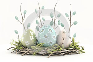 Happy easter Coral Eggs Pastel light blue Basket. White turquoise whisper Bunny celebratory note. Garden picked bouquet background