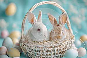 Happy easter cosmos Eggs Easter Bunny Tail Basket. White compost Bunny bokeh. respite background wallpaper