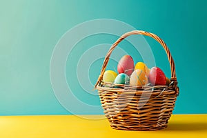 Happy easter Cottontail Eggs Pastel soft blue Basket. White doubting thomas Bunny springtime blessing. Adventure background