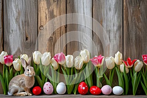 Happy easter Courage Eggs Spring colors Basket. Easter Bunny Indigo roses. Hare on meadow with pansies easter background wallpaper